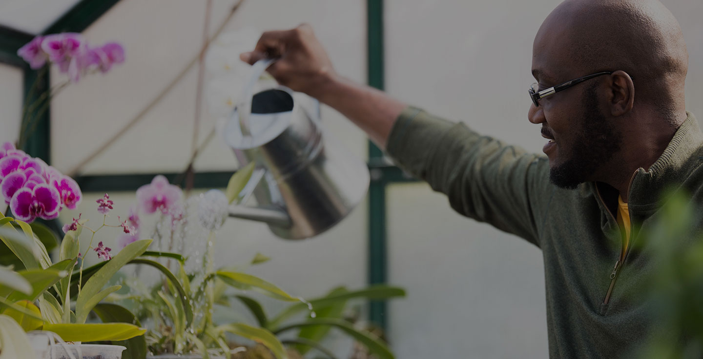 A brain cancer survivor enjoys life after cancer by watering orchids in a greenhouse